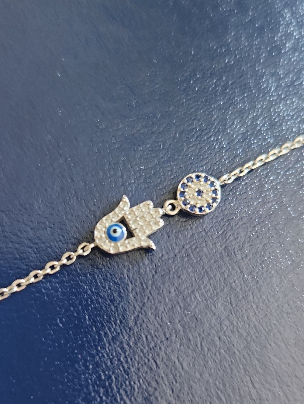 Hamsa Hand and Evil Eye Silver Bracelet with Blue Accents
